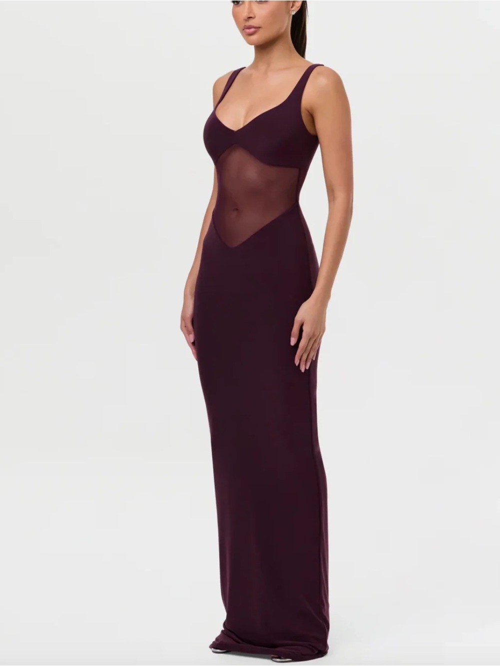 Naked Wardrobe Hourglass Mesh Contrast Dress Dark Plum - Picture 2 of 7